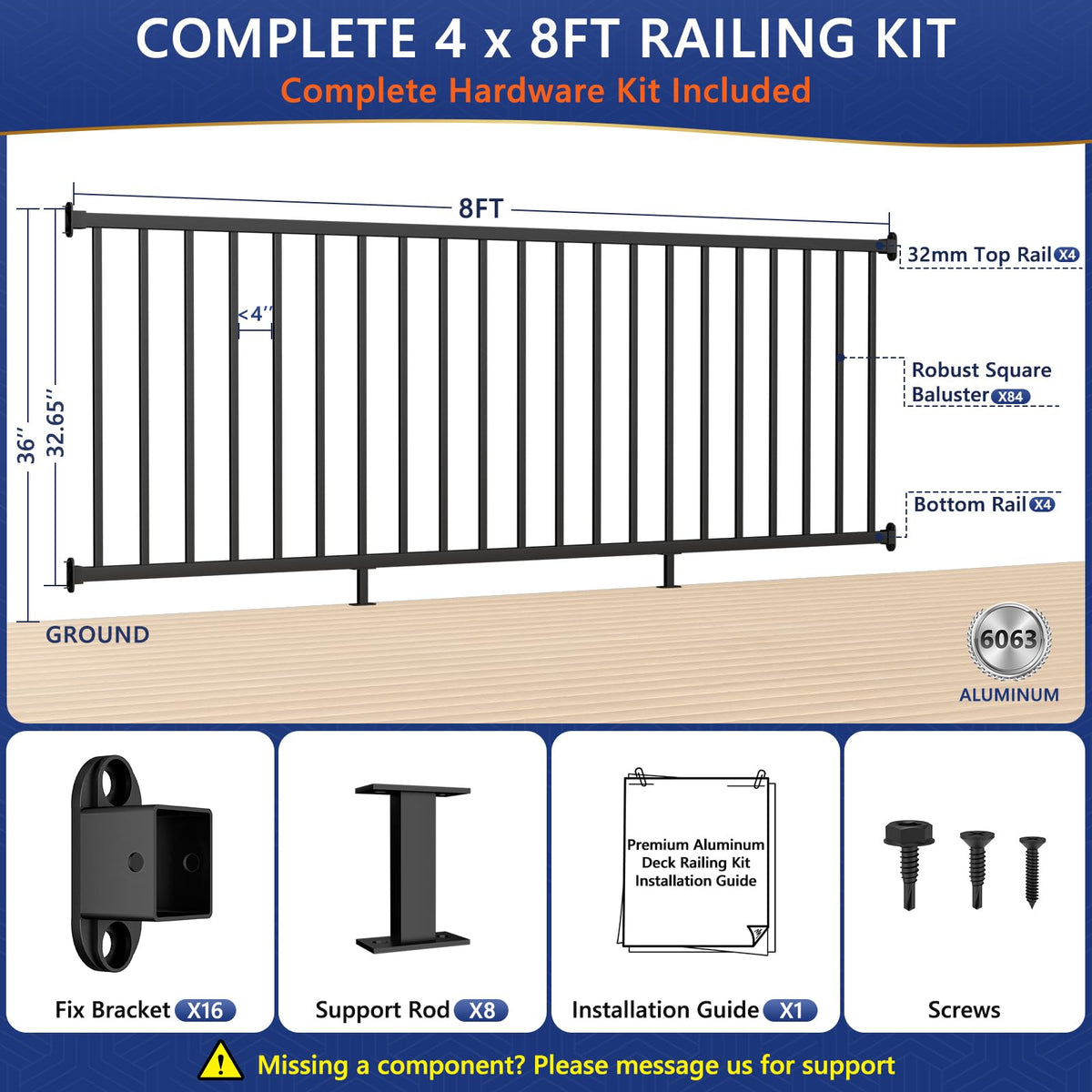 4 Pack 36 in H x 8 ft W Modular Aluminum Deck Railing Kit(4 Pannel)