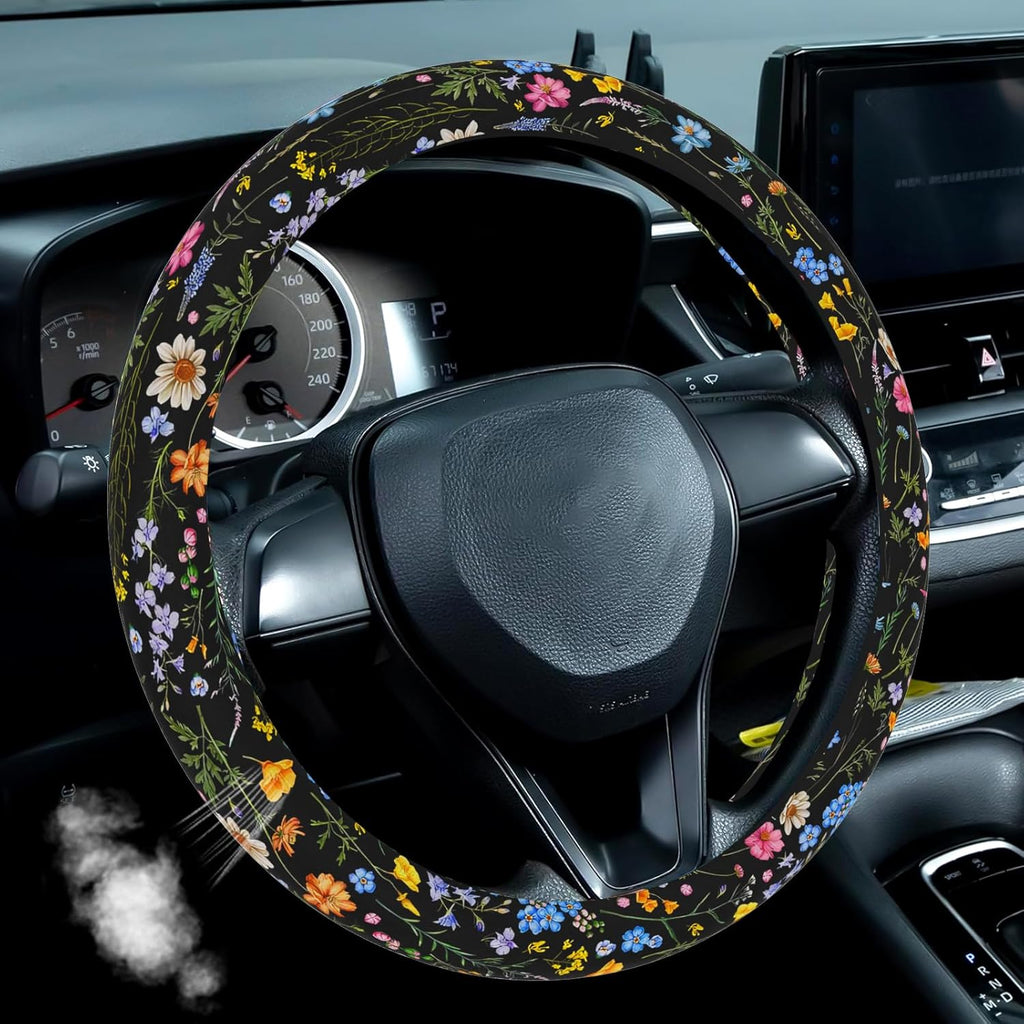 Wildflower Car Steering Wheel Cover, Flower Car Accessory for Diverse Cars, Cute Floral Print Steering Wheel Cover