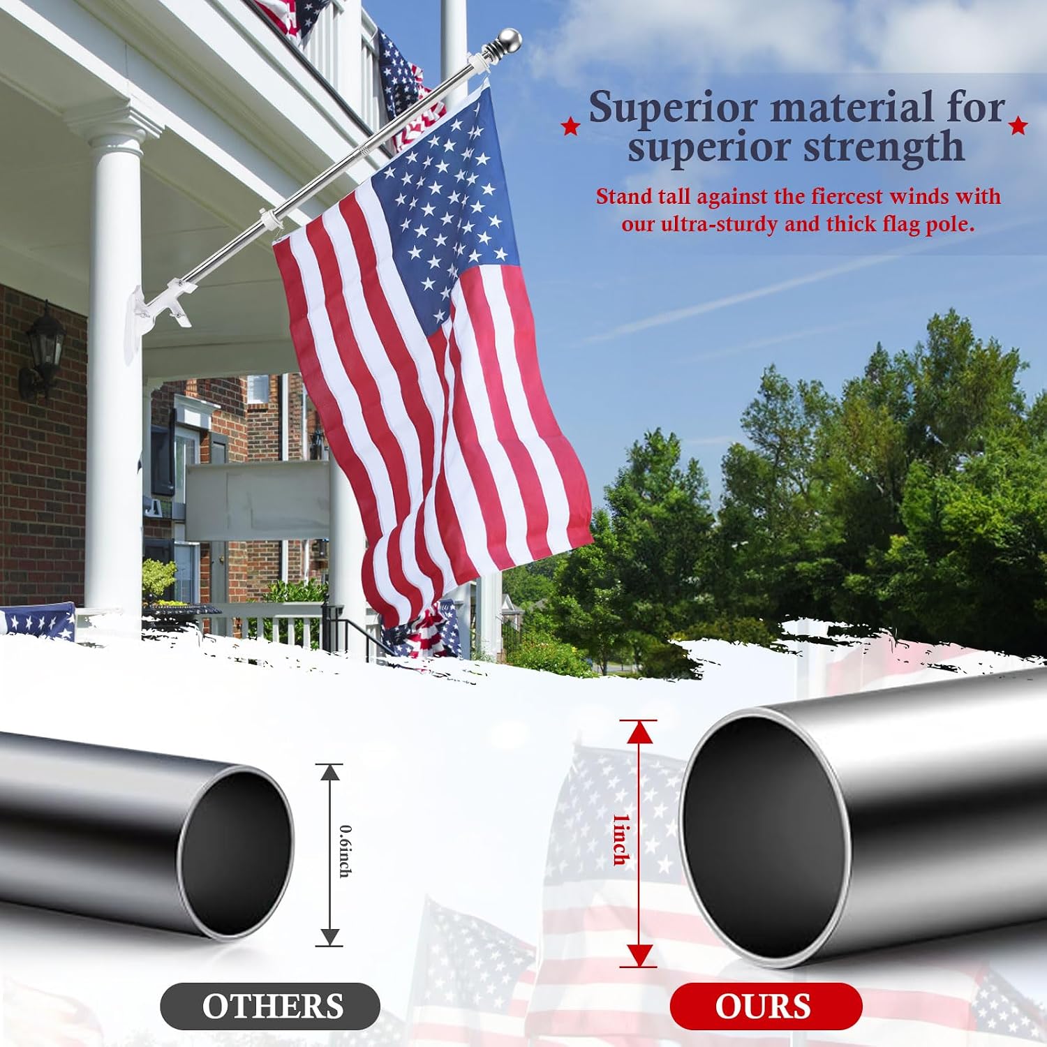 Flag Pole Kit 5ft Flag Pole for Outside House, Flag Poles with Tangle Free Flag Pole Rings for 3x5 American Flag