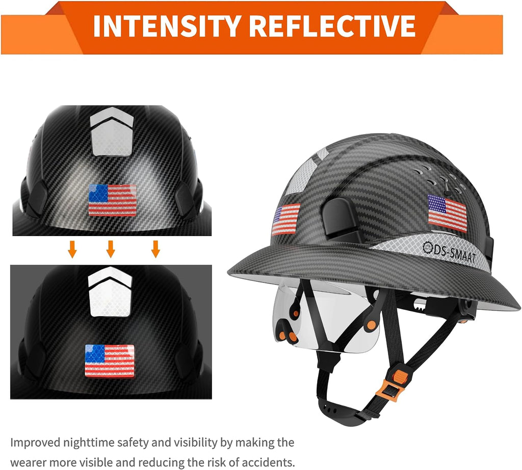 Full Brim Hard Hat with Visor, 6-Point Ratchet Suspension Safety Helmet, Superior Impact Head Protection, ANSI Z89.1