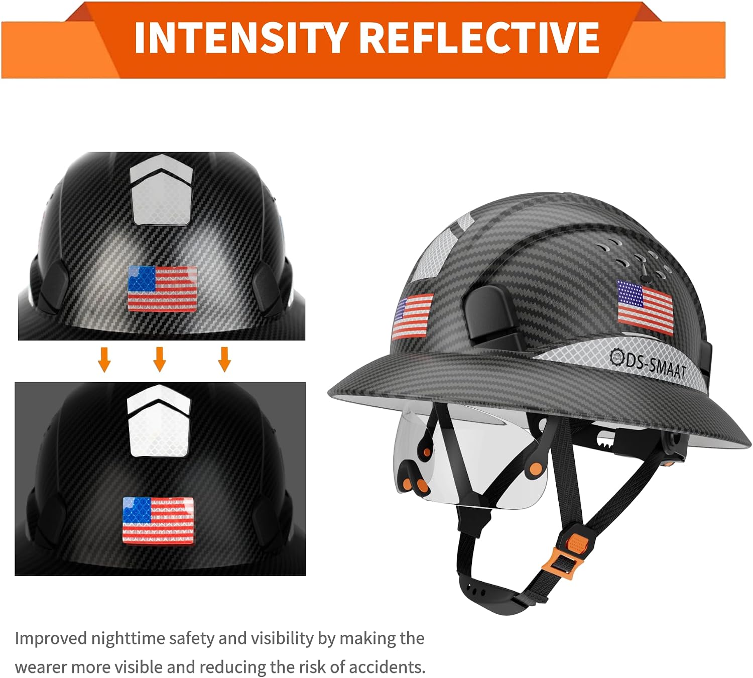 Full Brim Hard Hat with Visor, 6-Point Ratchet Suspension Safety Helmet, Superior Impact Head Protection, ANSI Z89.1