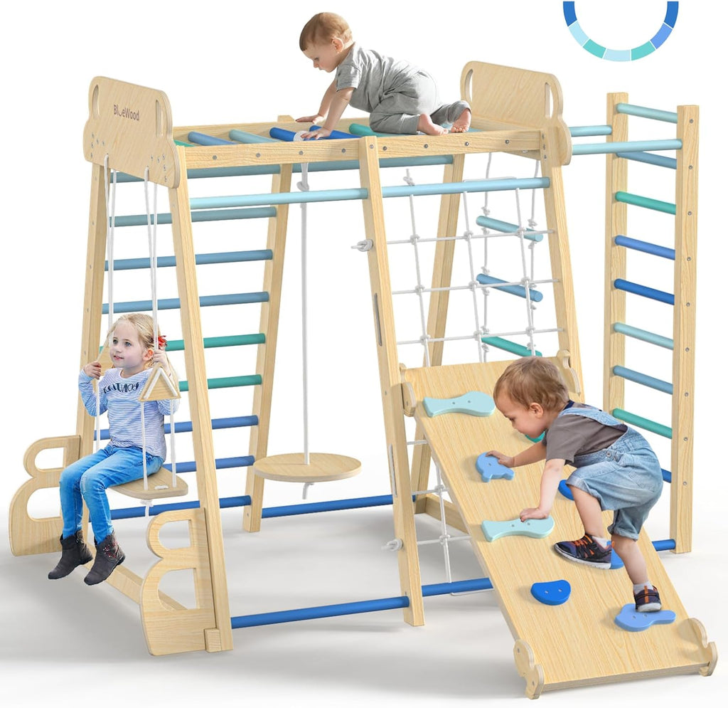 Upgraded Indoor Jungle Gym 9-in-1 Playground Kids Climbing Toys, Waldorf Style Wooden Climber Playset with Slide