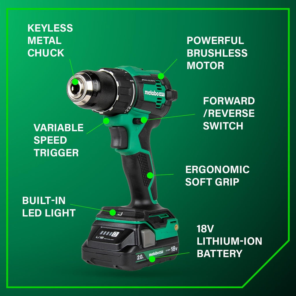 18V MultiVolt Cordless Brushless Driver Drill & Impact Driver Combo Kit, Power Tool Kit, 2 Lithium-Ion Metabo HPT