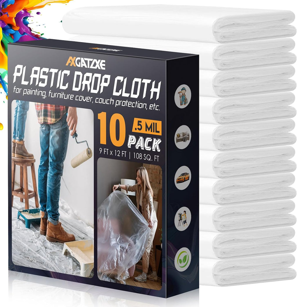12 x 9 Ft Plastic Drop Cloths for Painting (10-Pack)