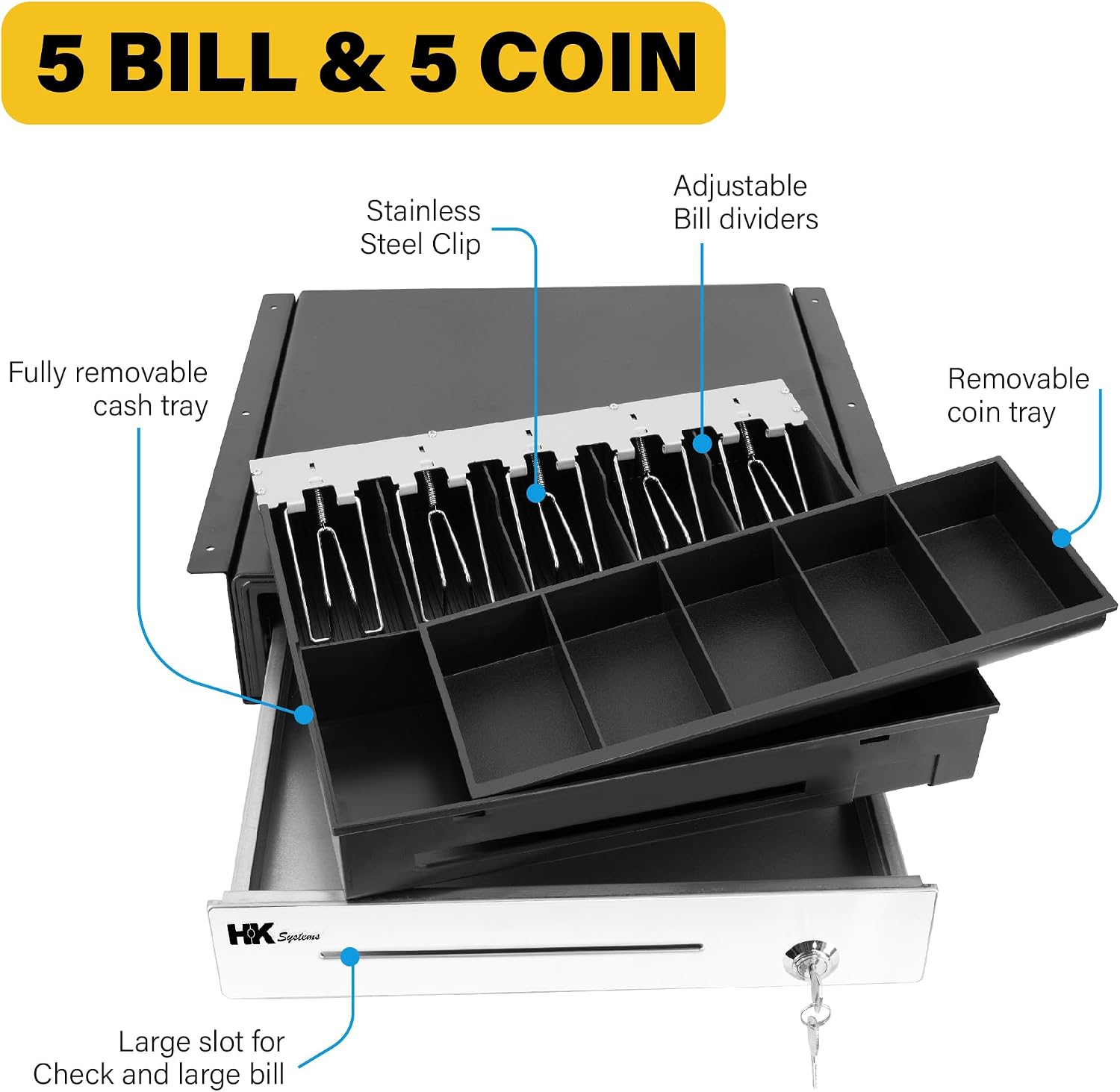 16" "Stainless Steel" Front Heavy Duty Black POS Cash Drawer with 5Bill/5Coin with Under Counter Mounting Metal Bracket