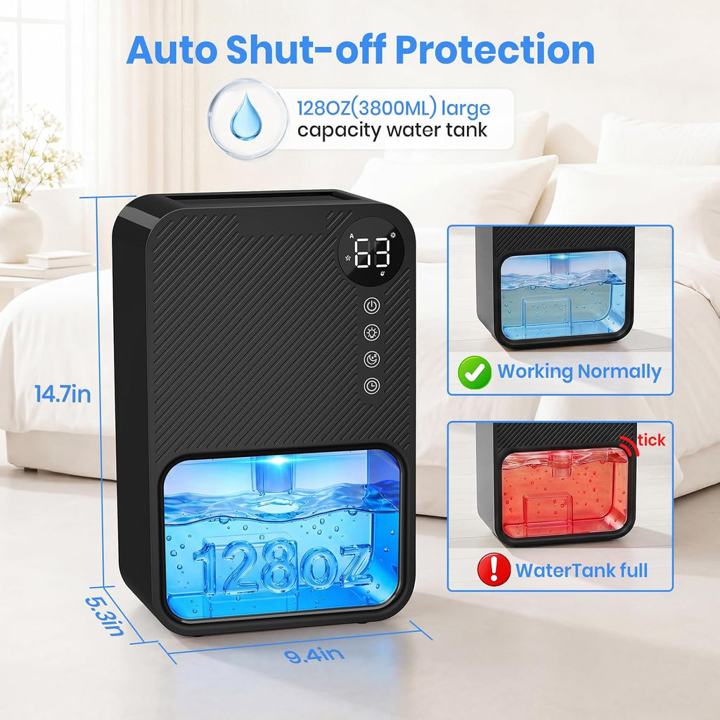 Dehumidifier,128oz Visible Water Tank 1000 sq.ft Dehumidifier for Home – Quiet Portable Unit with 24-Hour Timer, Auto