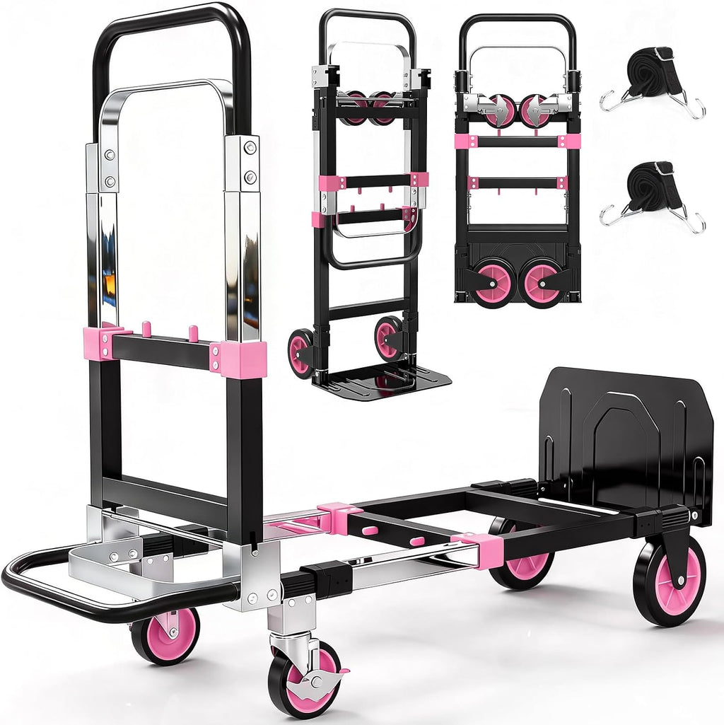 3-in-1 Folding Heavy Duty Hand Truck Dolly Cart Trolley with Wheels (Pink) | 500lbs, Convertible,Moving Cart with