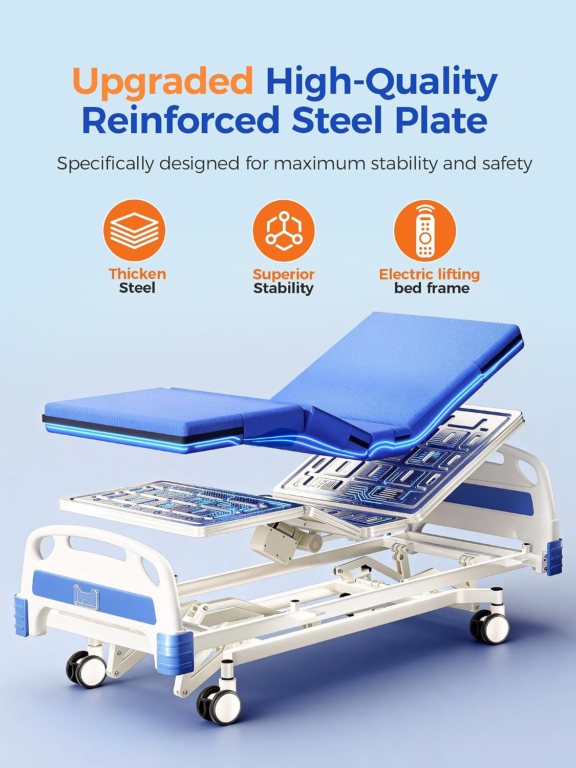 3 Function 600LBS Full Electric Hospital Bed, Beds for Home Use, Medical Bed for Seniors with Mattress, Adjustable