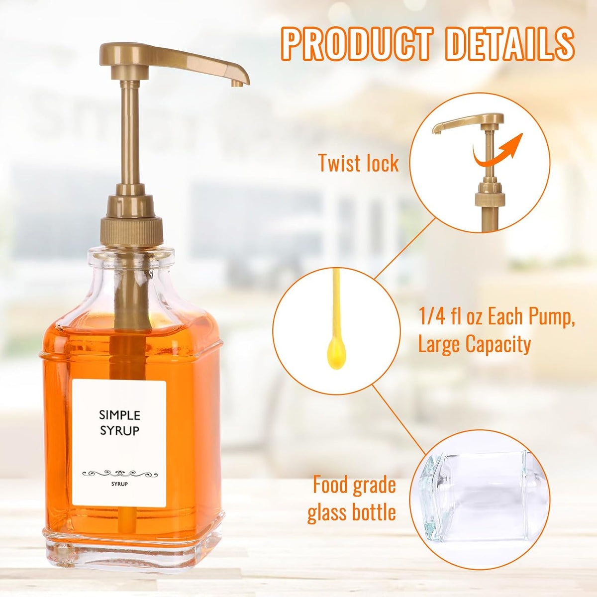 16 oz Coffee Syrup Dispenser with Pumps Set, 4 Leak-Proof Glass Bottles