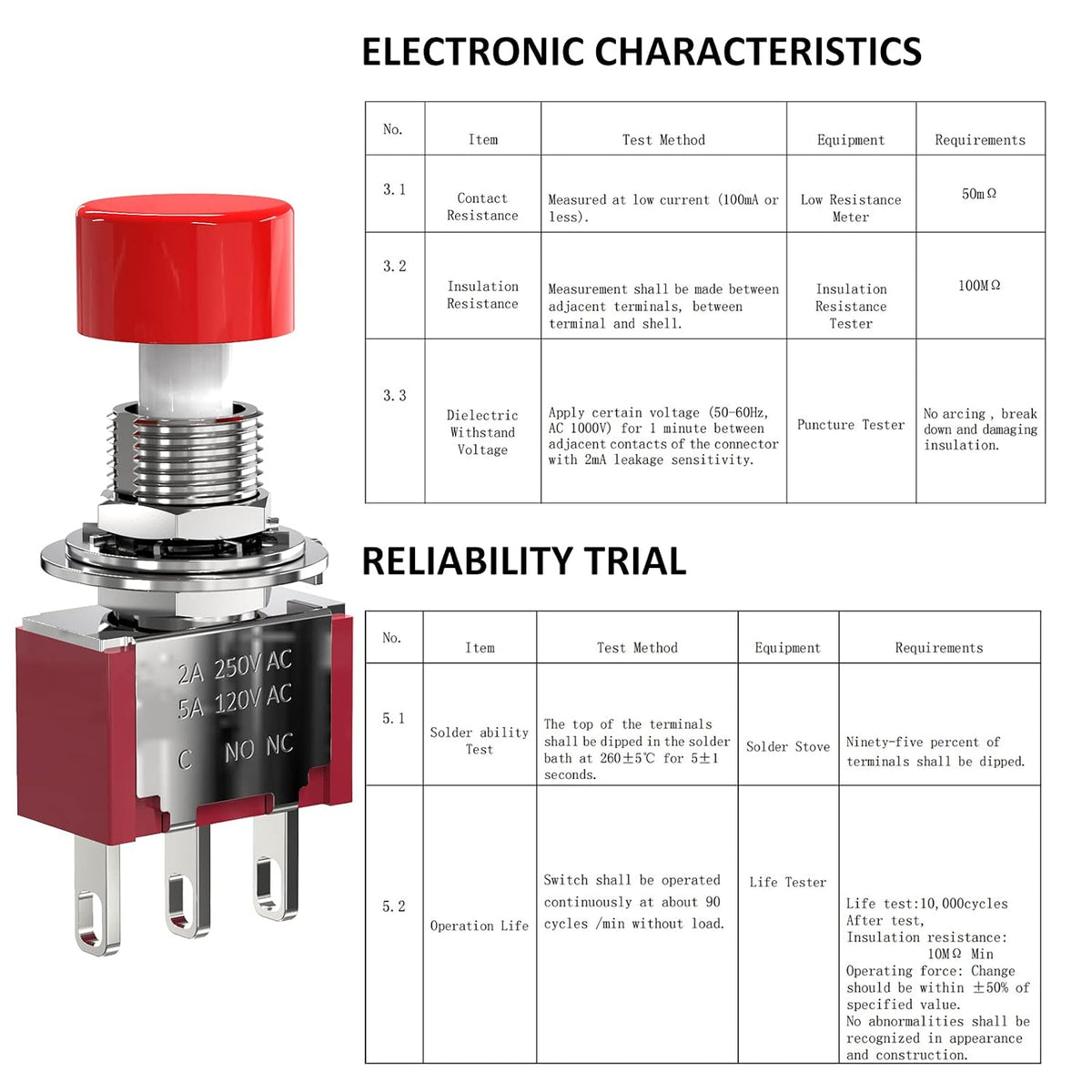AC 2A/250V 5A/120V 3 Pin Momentary Push Button Switch NO NC with Red Cap 5Pcs