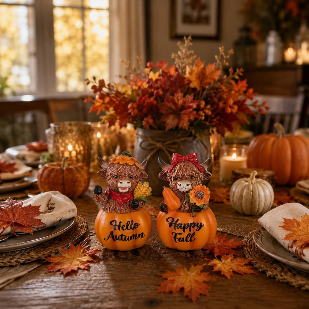 Fall Decorations for Home, 2 PCS Resin Highland Cows Figurines for Fall Decor, Rustic Pumpkin Harvest Ornaments for