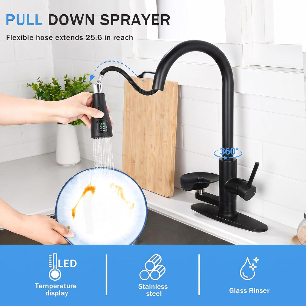 Pull Down Kitchen Faucet with Glass Rinser & Temp Display, Matte Black