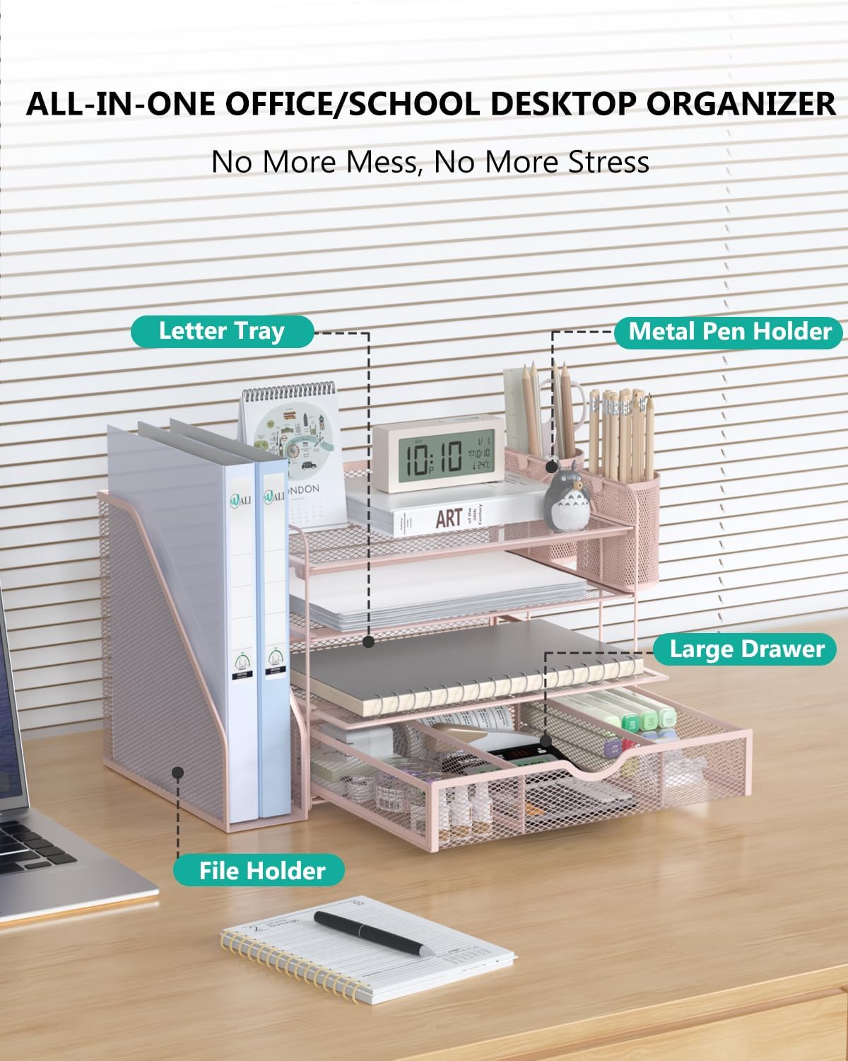 Desk File Organizer, 4 Tier Desktop Paper Letter Tray Organizer with Drawer and 2 Pen Holders, Office Desk