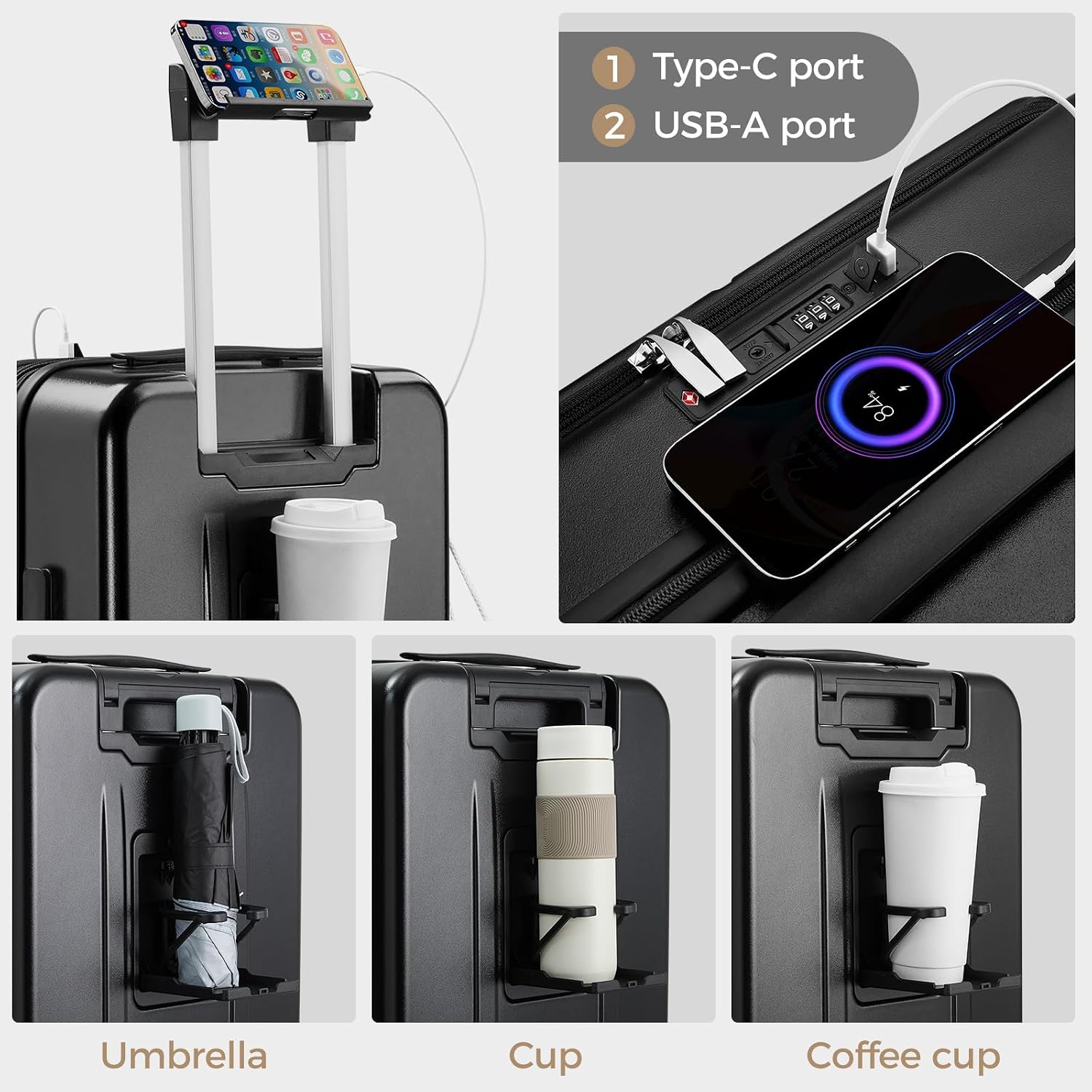 Carry on Luggage Top opening Suitcases, Expandable with Cup Holder and USB Charging Port,Lightweight with Front