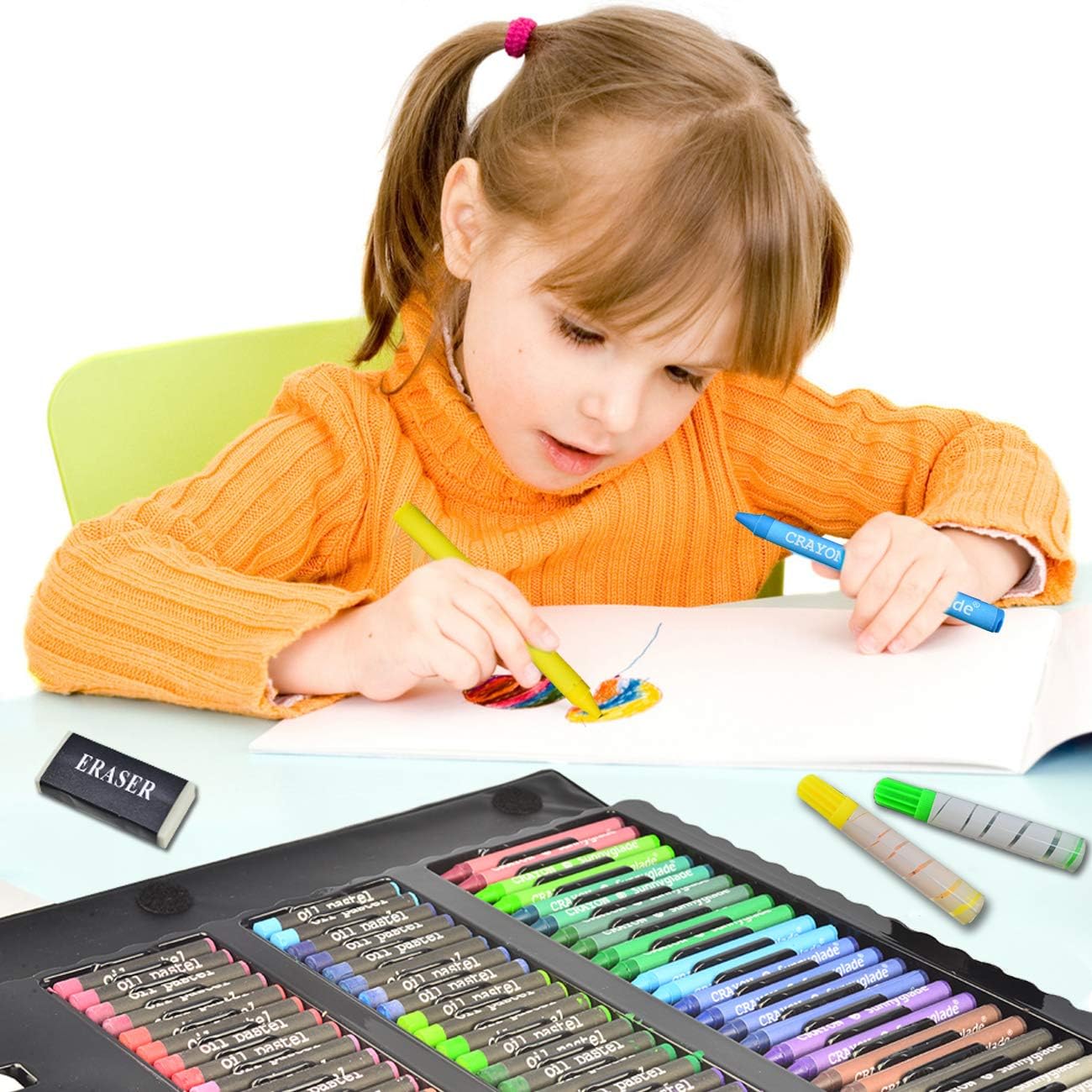 185 Pieces Double Sided Trifold Easel Art Set, Drawing Art Box with Oil Pastels, Crayons, Colored Pencils, Markers