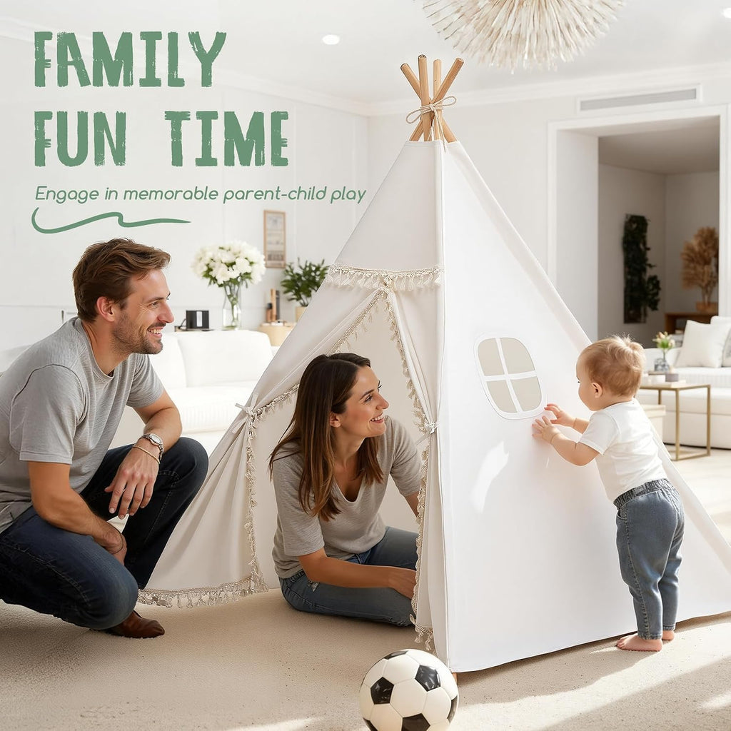 Kids Teepee Tent - Natural Canvas Playhouse with Fringe, Washable Fabric, Tipi Sleepover Tent - Perfect for Indoor &