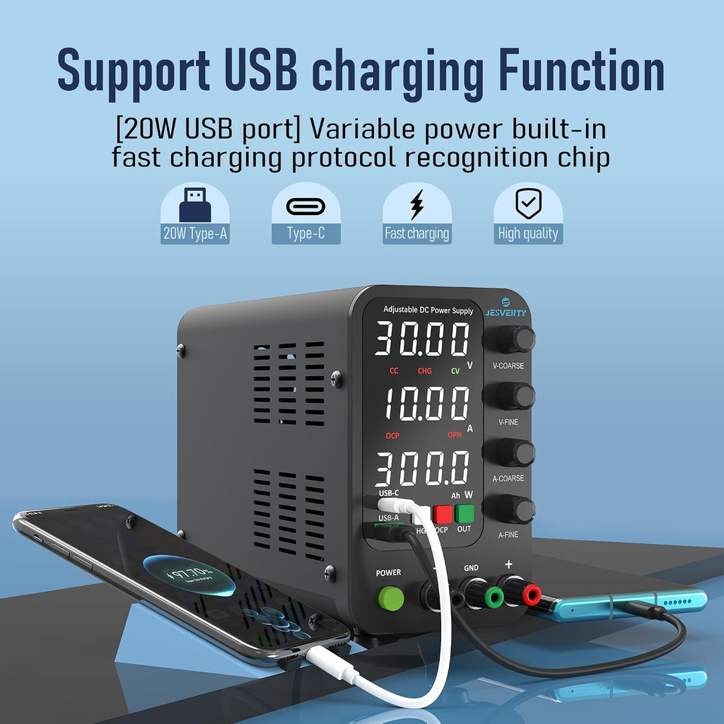 DC Power Supply Variable, 0-32V 0-10A Switching Bench Power Supply with Intelligent Charging Mode, 20W USB & Type-C Quick-Charge, Encoder Knob, Output Switch, 4-Digit LED Display - SPS-3010C