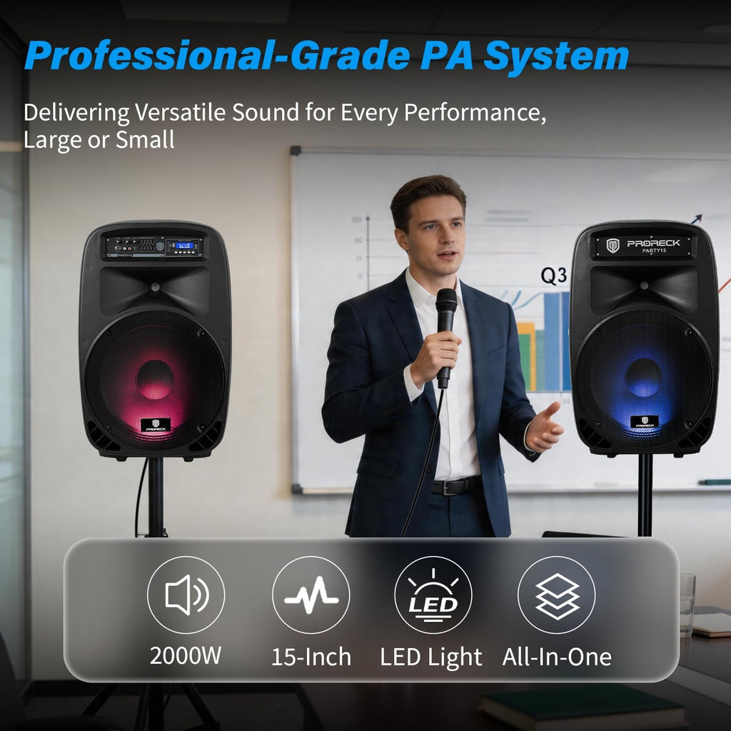 Party 15 Portable 15-Inch 2000 Watt 2-Way Powered PA Speaker System Combo Set with Bluetooth/USB/SD Card/FM/Remote