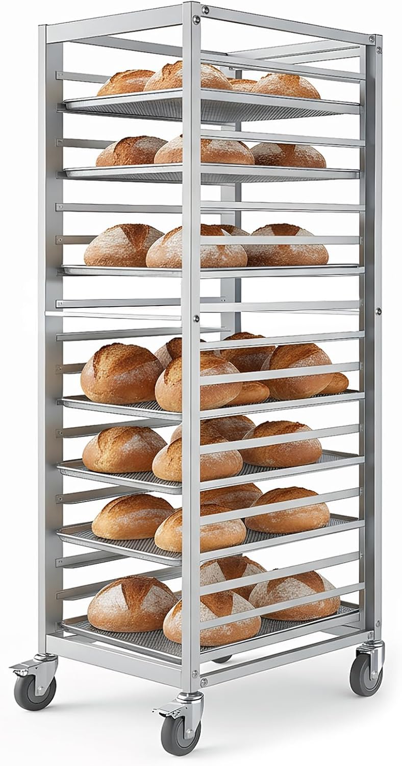 18 Tier Commercial Bakers Rack, Aluminum Bun Pan Rack with 4 Wheels