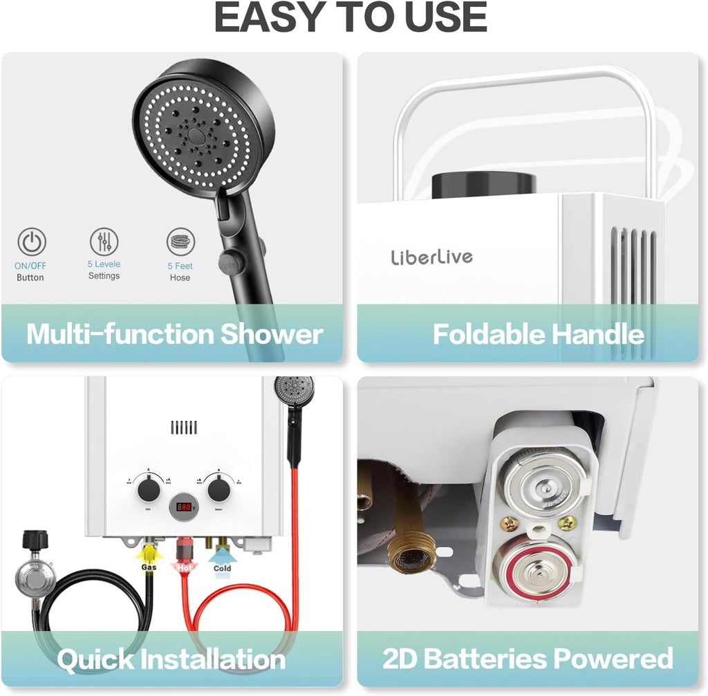 Propane Water Heater, 6L 1.58GPM 41000 BTU Portable Tankless Water Heater Outdoor, Gas Instant Hot with Handle