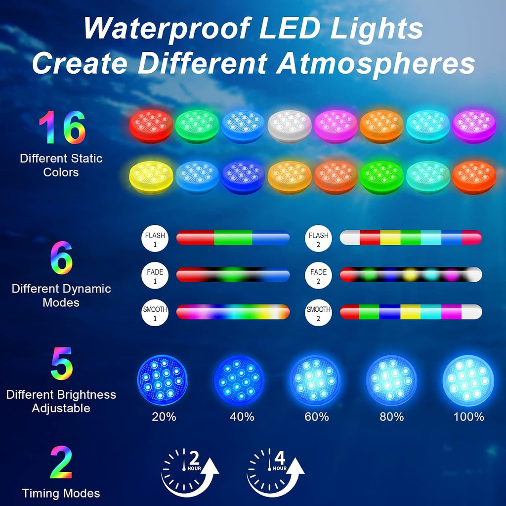 Rechargeable Submersible Pool Lights with Remote (2pcs) - Underwater Led Light IP68 Waterproof ,16 Color Changing