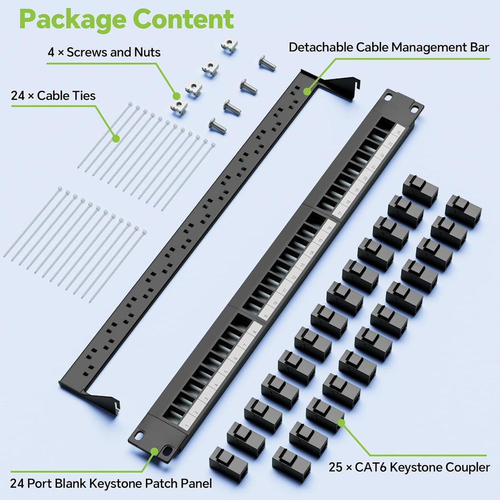 19 Inch 24 Port Patch Panel with 25 Pack CAT6 Keystone Couplers | with Detachable Cable Management Bar, 1U Ethernet