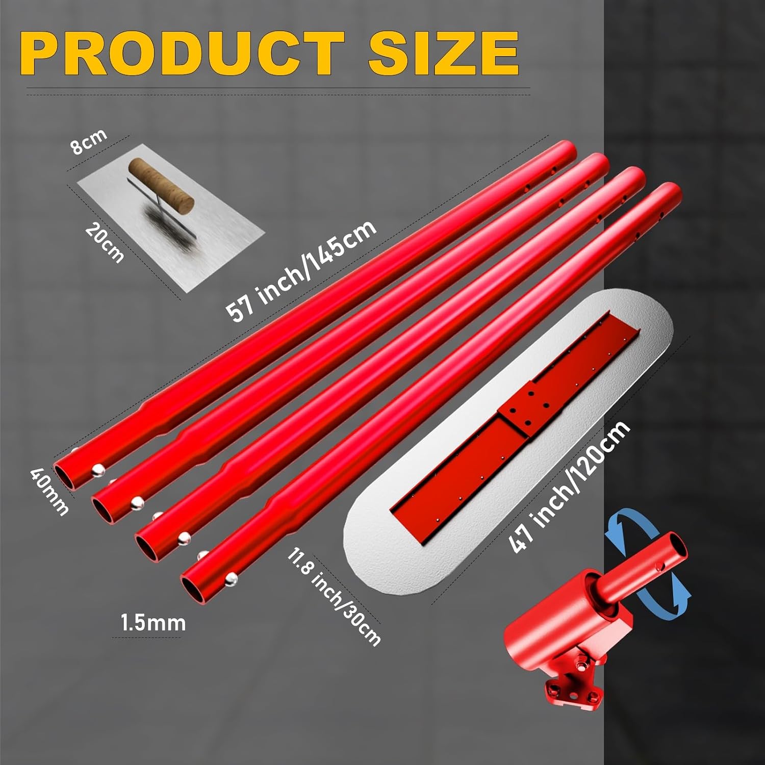 48" x 12" Concrete Bull Float Kit, 57" Adjustable Handle Finishing Trowel | Stainless Steel, Concrete Smoothing Tool