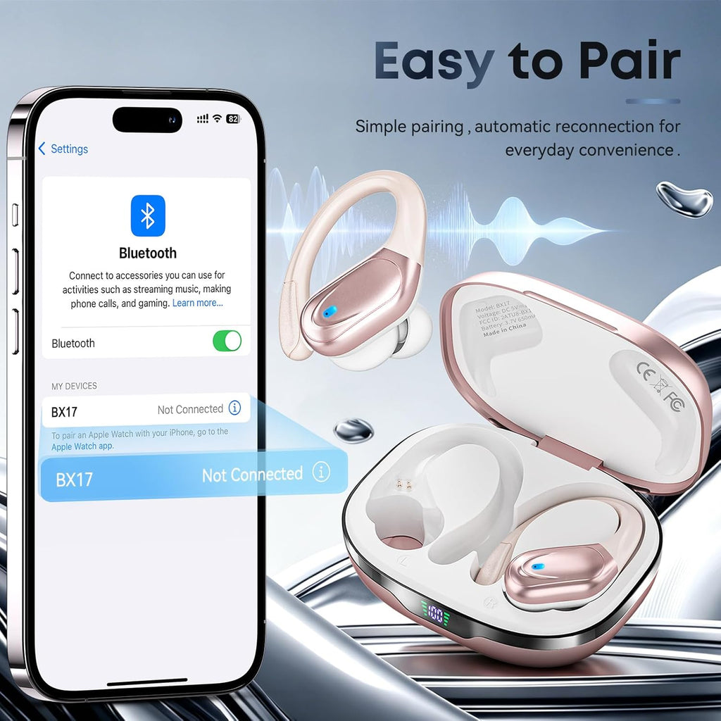 Sports Bluetooth Headphones, 80Hrs Playtime Wireless Earbuds with LED Power Display, IPX7 Waterproof Earphones for