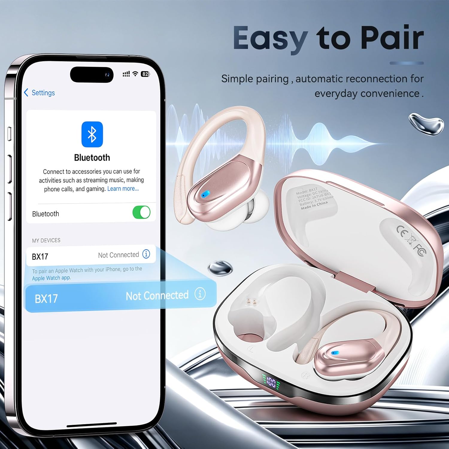 Sports Bluetooth Headphones, 80Hrs Playtime Wireless Earbuds with LED Power Display, IPX7 Waterproof Earphones for