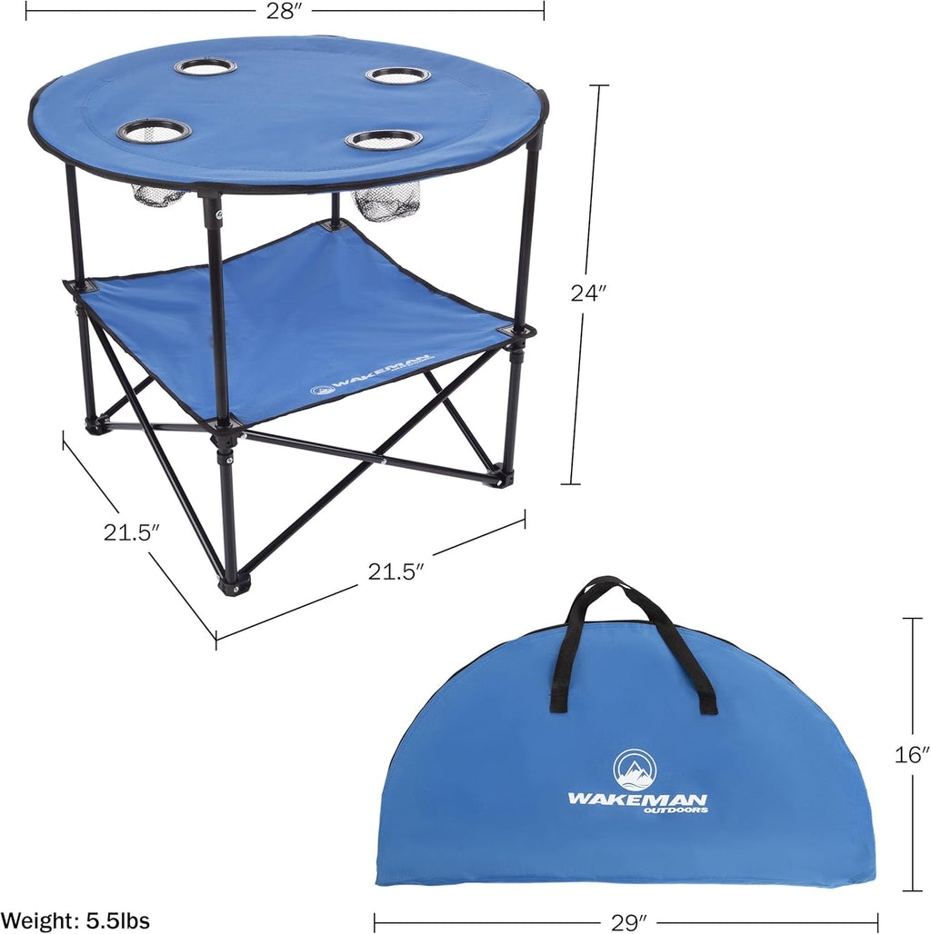 Camp Table - Round 2-Tier Folding Table with 4 Cupholders and Carrying Bag