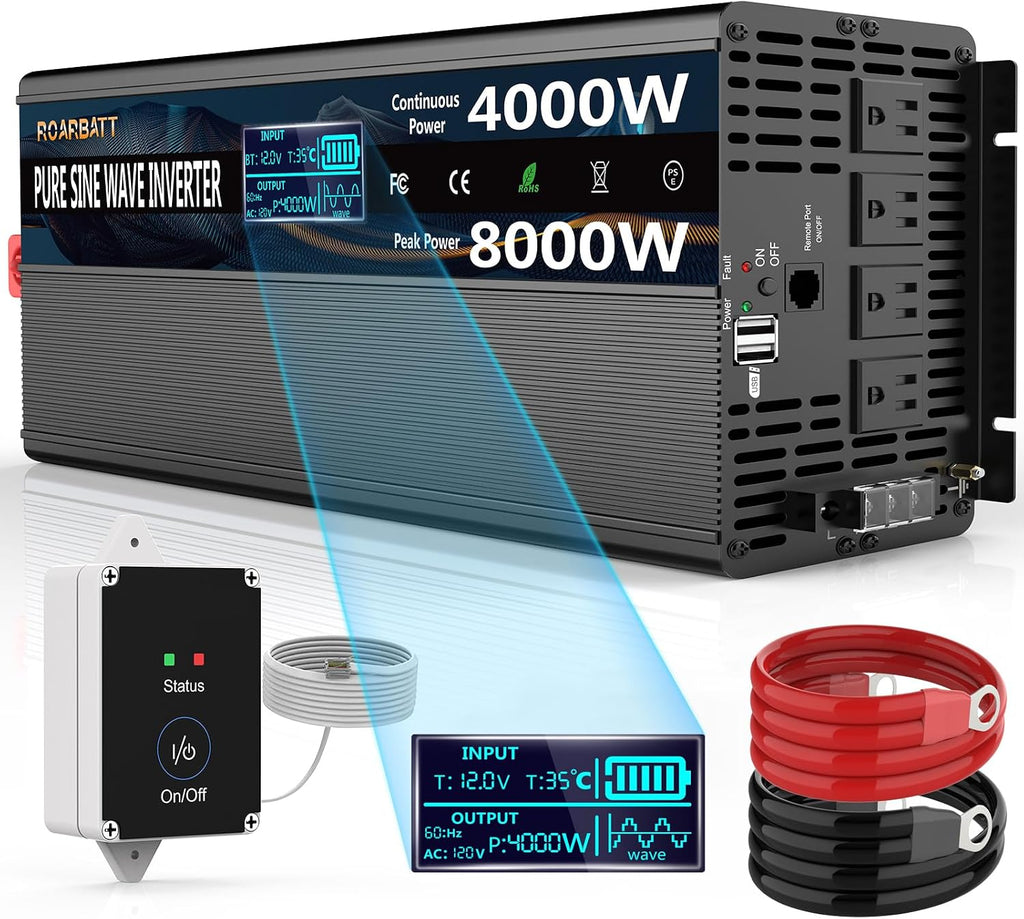 4000W Pure Sine Wave Power Inverter 12V DC to 110V/120V AC, 8000W Peak with Remote Control, 4 AC Outlets, Dual USB