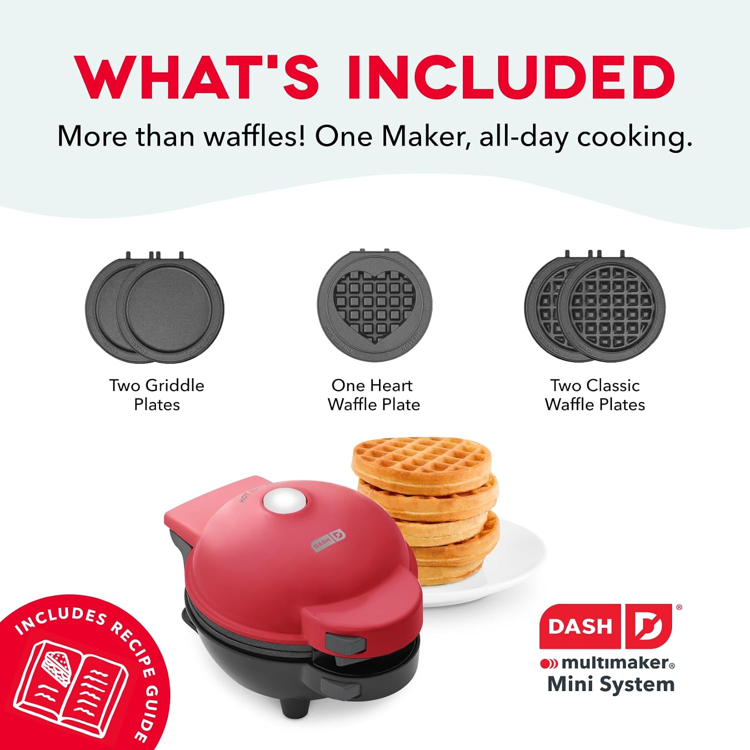 MultiMaker Mini Waffle Maker, Removable Waffle & Griddle Plates, Red | Mini Pancake Maker for Kids; Interchangeable
