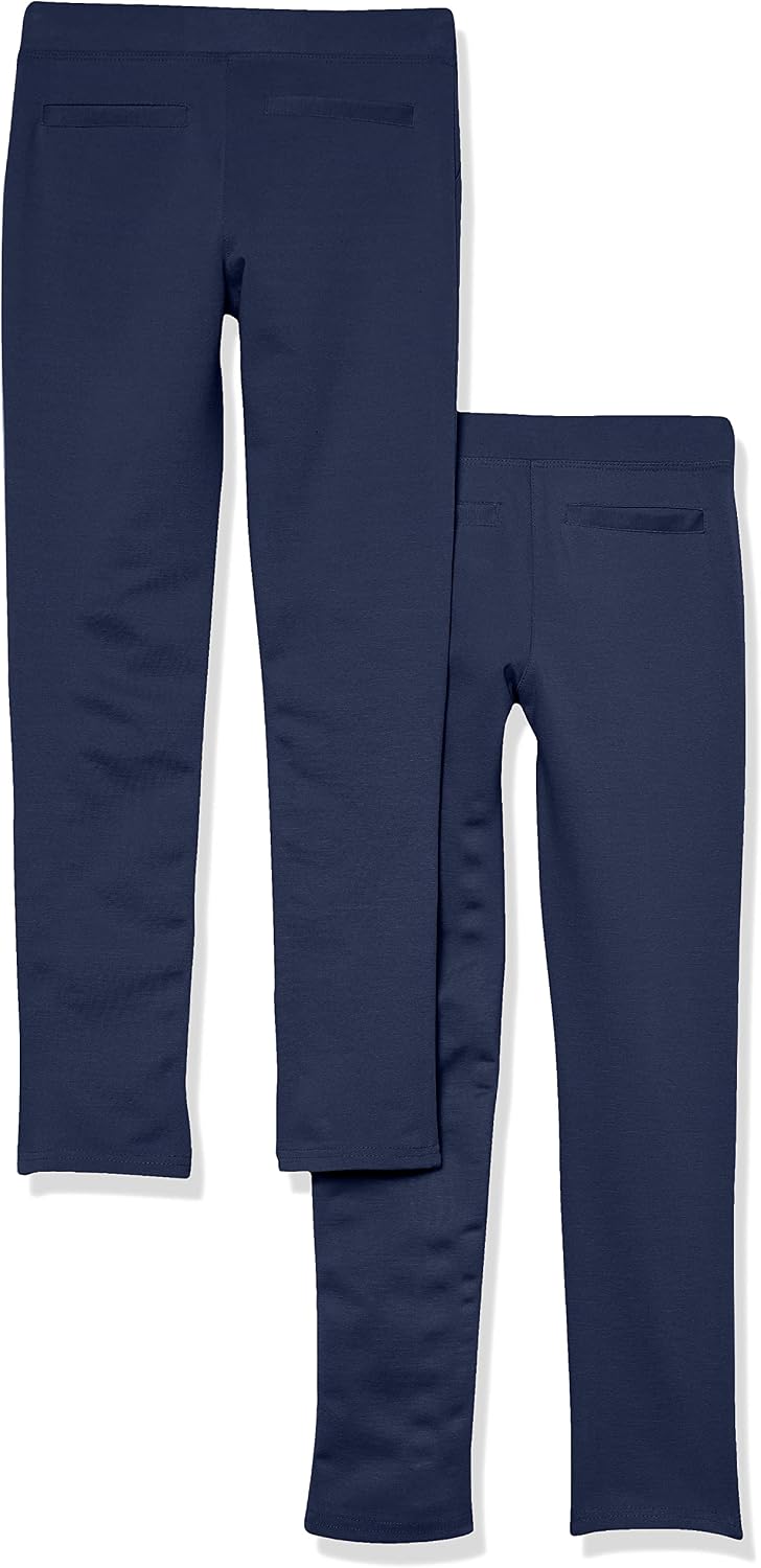 Girls and Toddlers' Uniform Slim Fit Ponte-Knit Pant with Elastic Waist, Pull On, Pack of 2