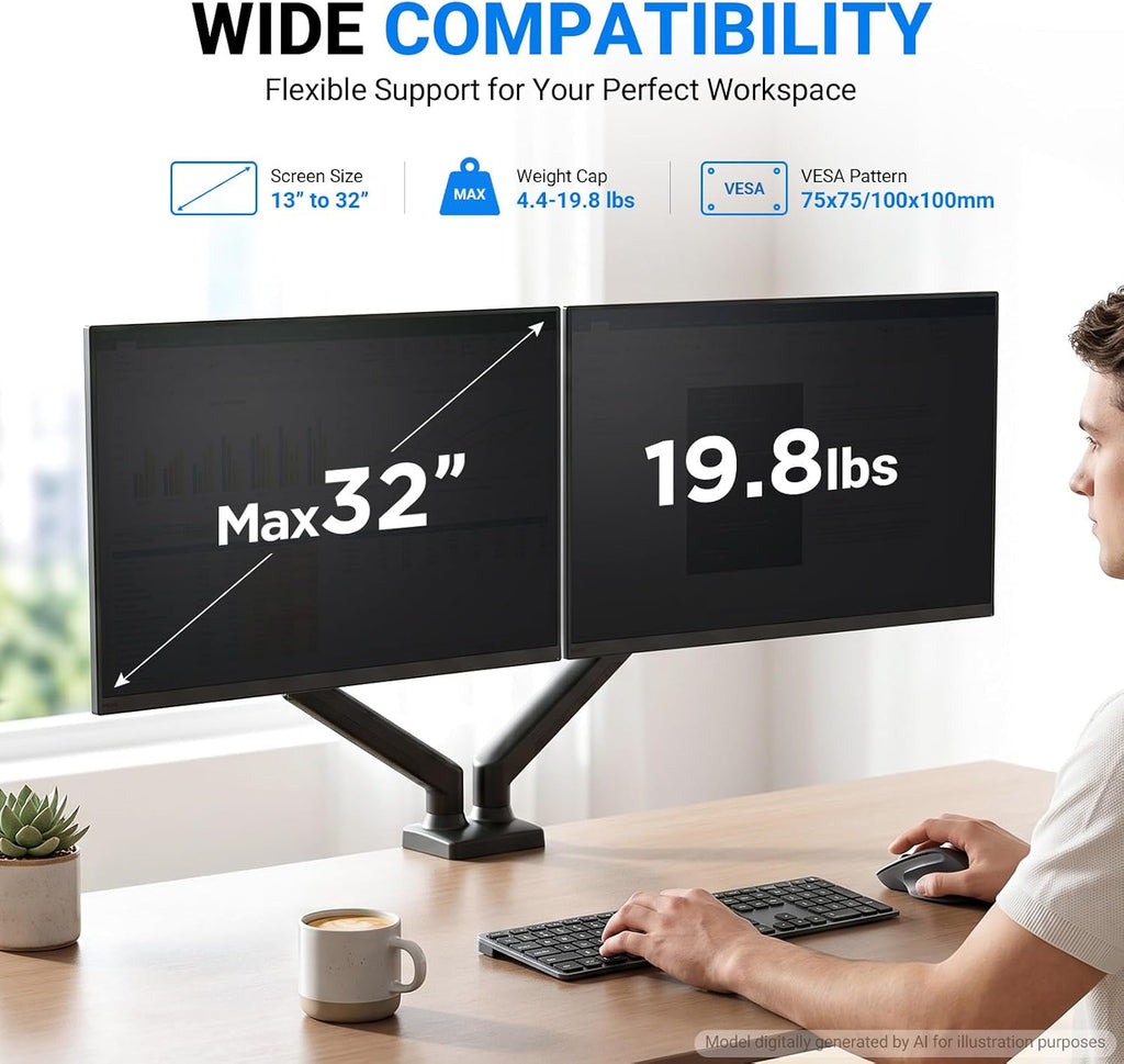 Gas Spring Monitor Mount for 13-32″, Dual Monitor Arm, Easy Install | Full Motion Adjustable 360° Rotate Swivel Tilt
