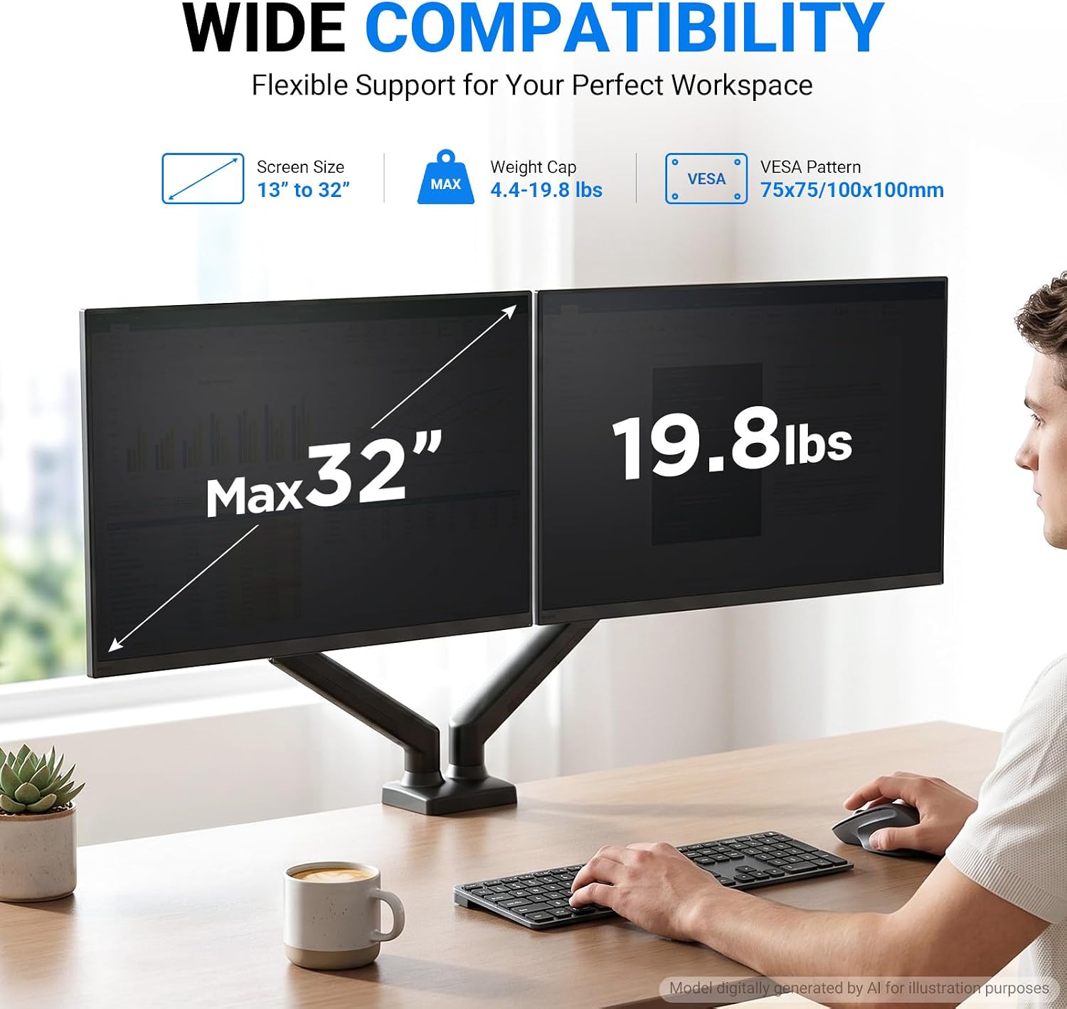 Gas Spring Monitor Mount for 13-32″, Dual Monitor Arm, Easy Install | Full Motion Adjustable 360° Rotate Swivel Tilt