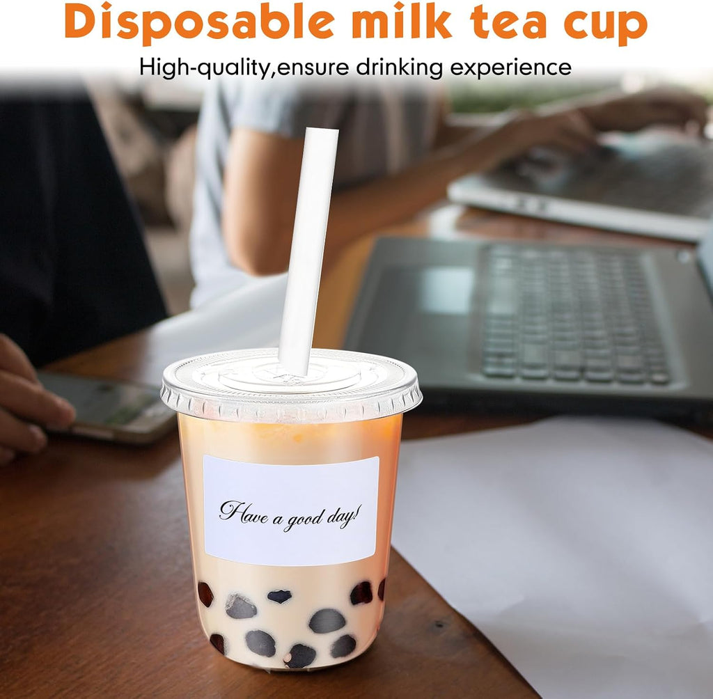 25 Sets Clear Plastic Cups with Lids, Straws and Stickers,14 oz
