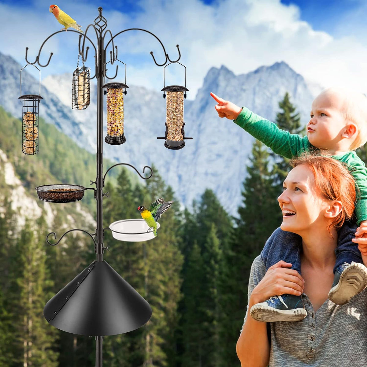 Bird Feeding Station Kit Bird Feeder Pole Wild Bird Feeder Kit with Squirrel Baffle and Suet Cage Mesh Tray Fruit