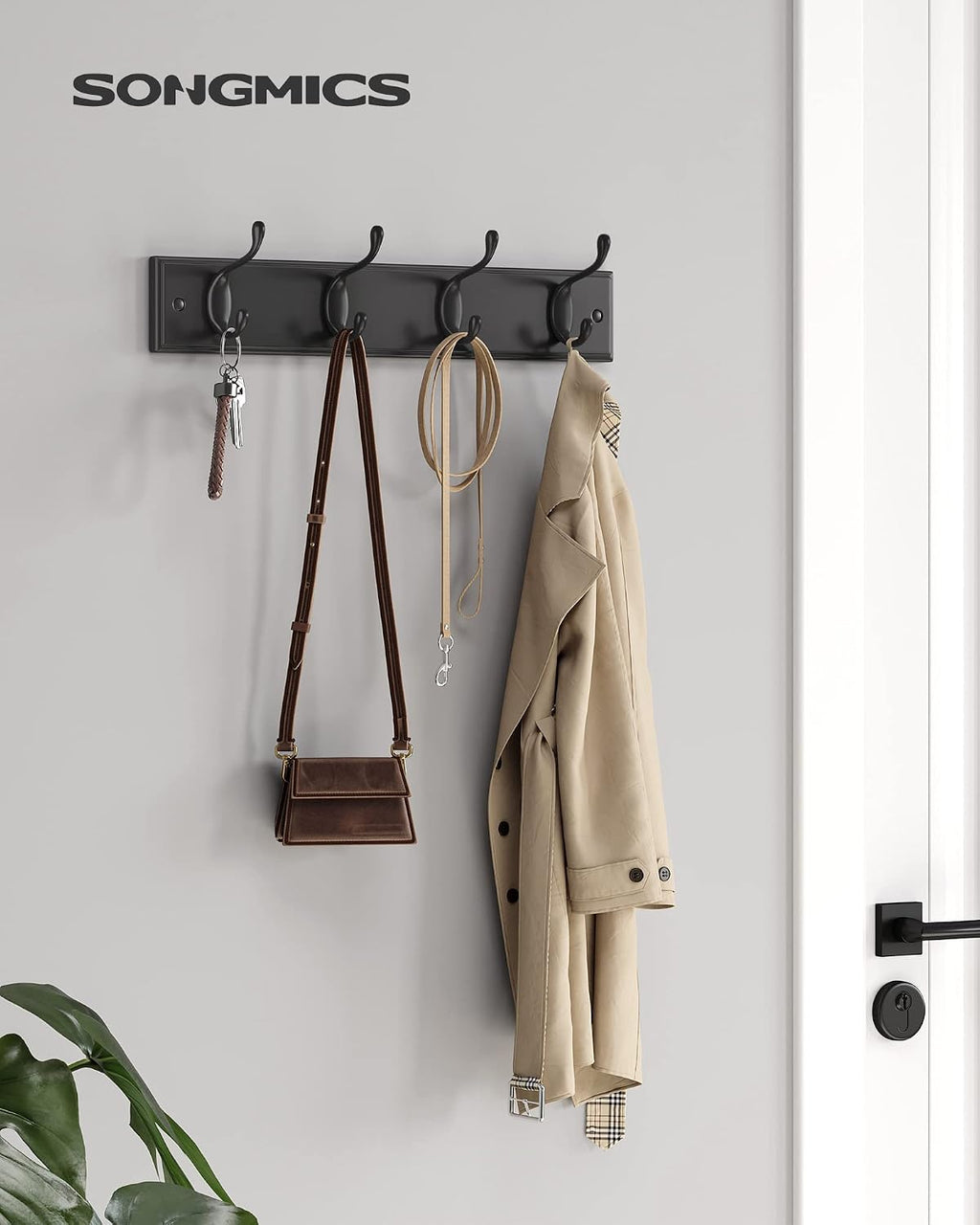 Wall-Mounted Coat Rack, Hook Rack, 4 Dual Metal Hooks