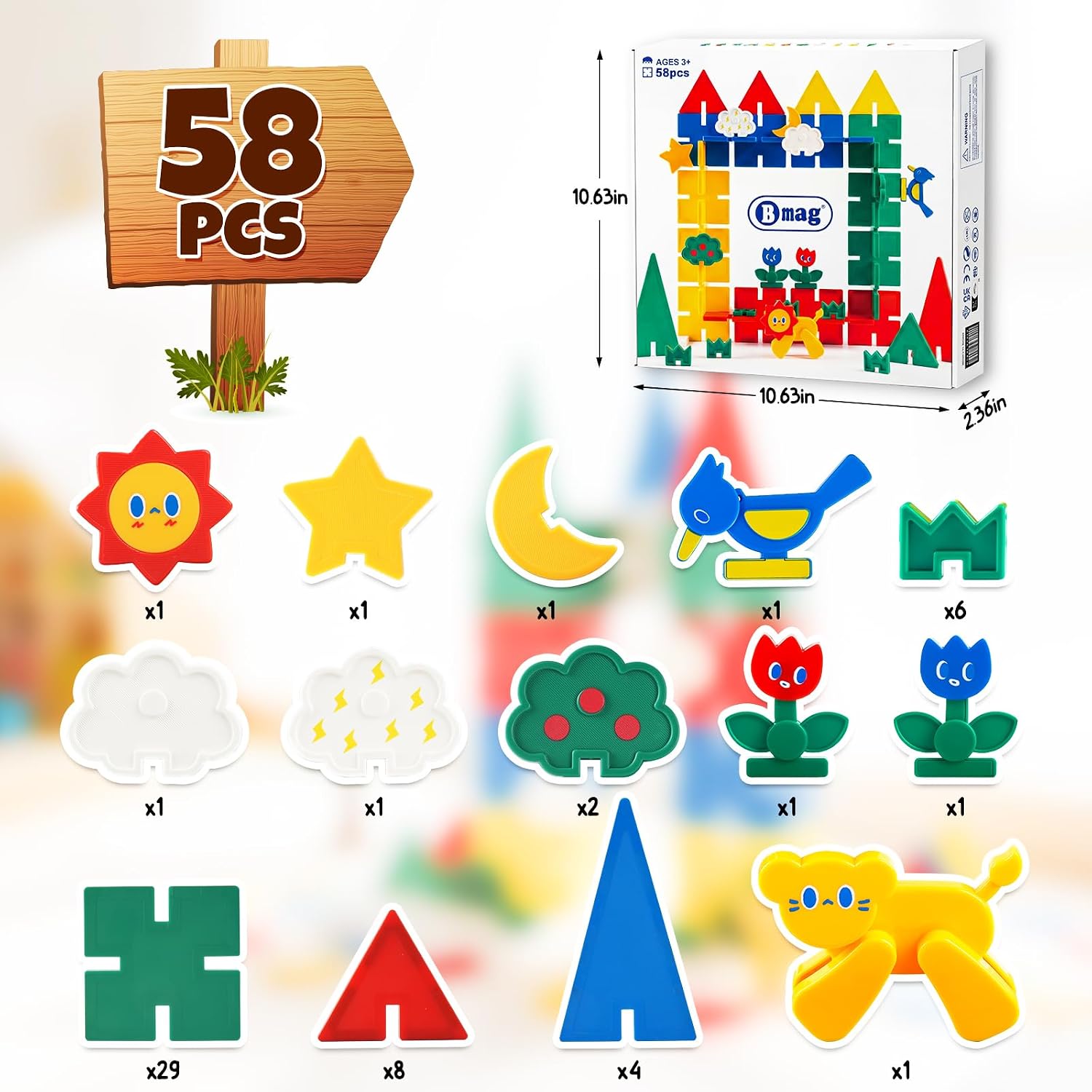 Magnetic Tiles 58PCS,Groove Interlocking Design Magnet Building Blocks with Lion, Sun,Cloud & Grass,STEM Toys for
