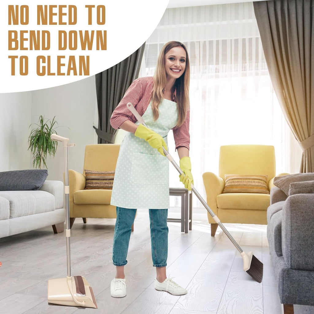 Broom and Dustpan Set with Long Handle, Light Weight Stainless Steel Poles Stand Upright Dustpans with Broom Combo