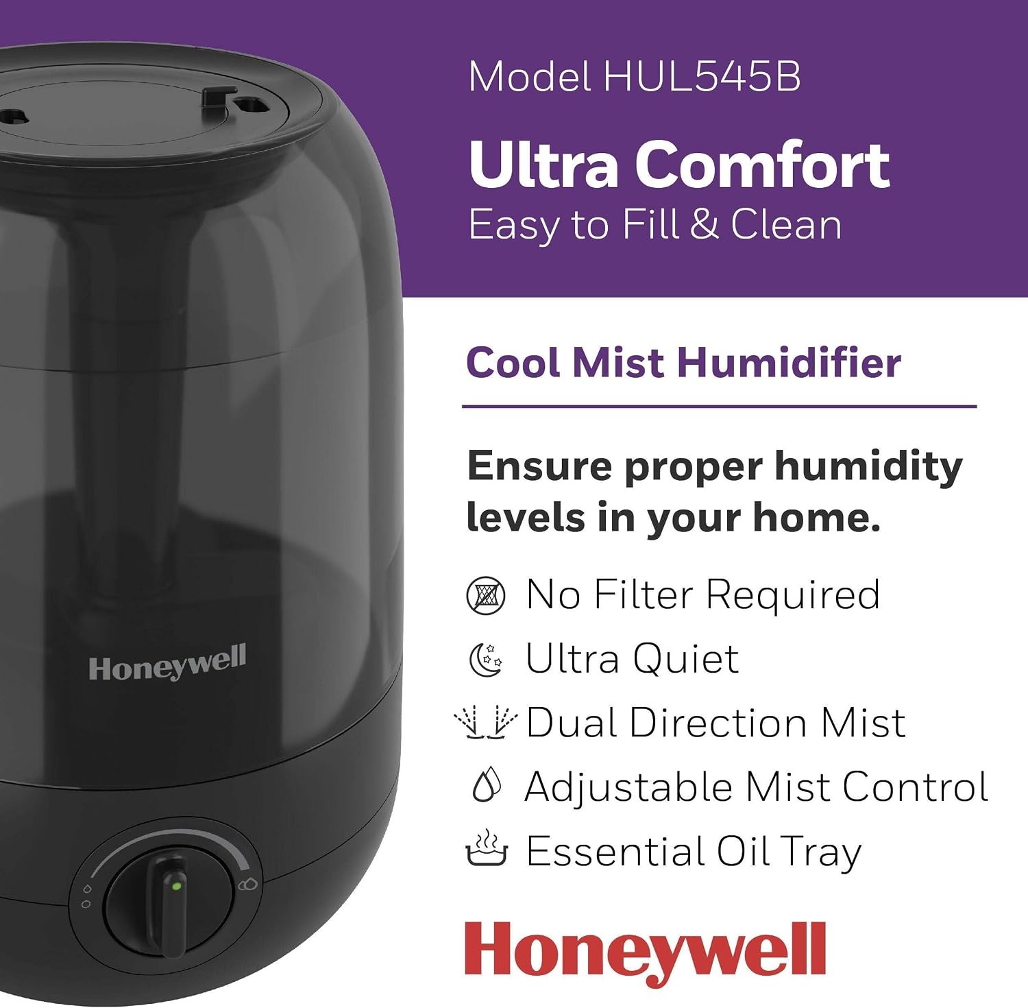 Ultra Comfort Cool Mist Humidifier, HUL545B | Filter-Free Operation, Essential Oil Compatible, Easy-Fill Design and