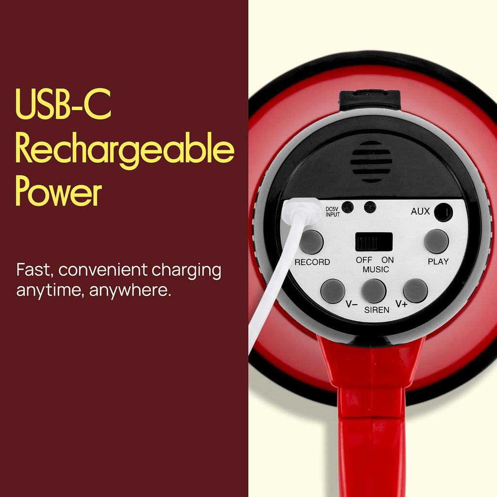 Rechargeable Bullhorn Megaphone with Voice Recording, AUX Input & Siren, USB-C Fast Charging, 1200-Yard Voice Range