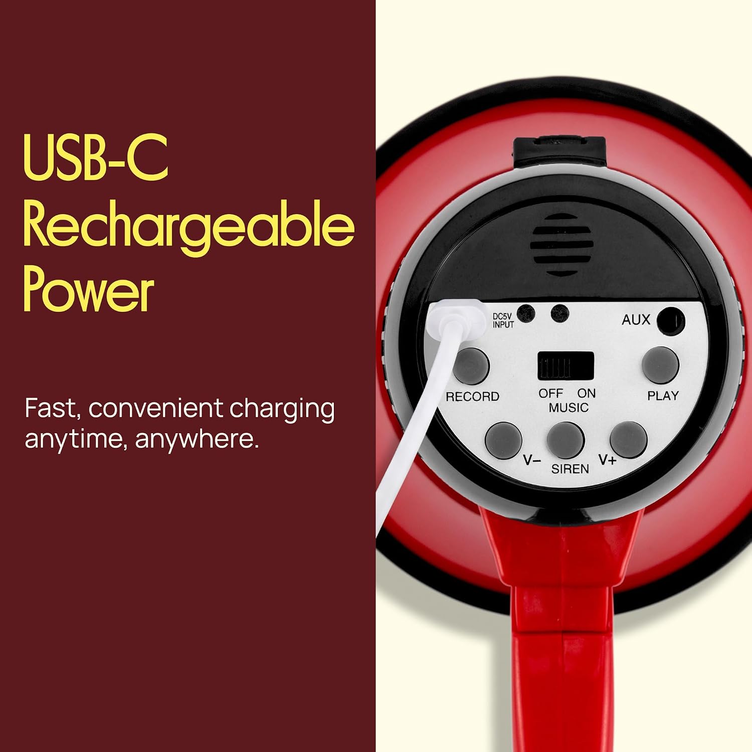 Rechargeable Bullhorn Megaphone with Voice Recording, AUX Input & Siren, USB-C Fast Charging, 1200-Yard Voice Range