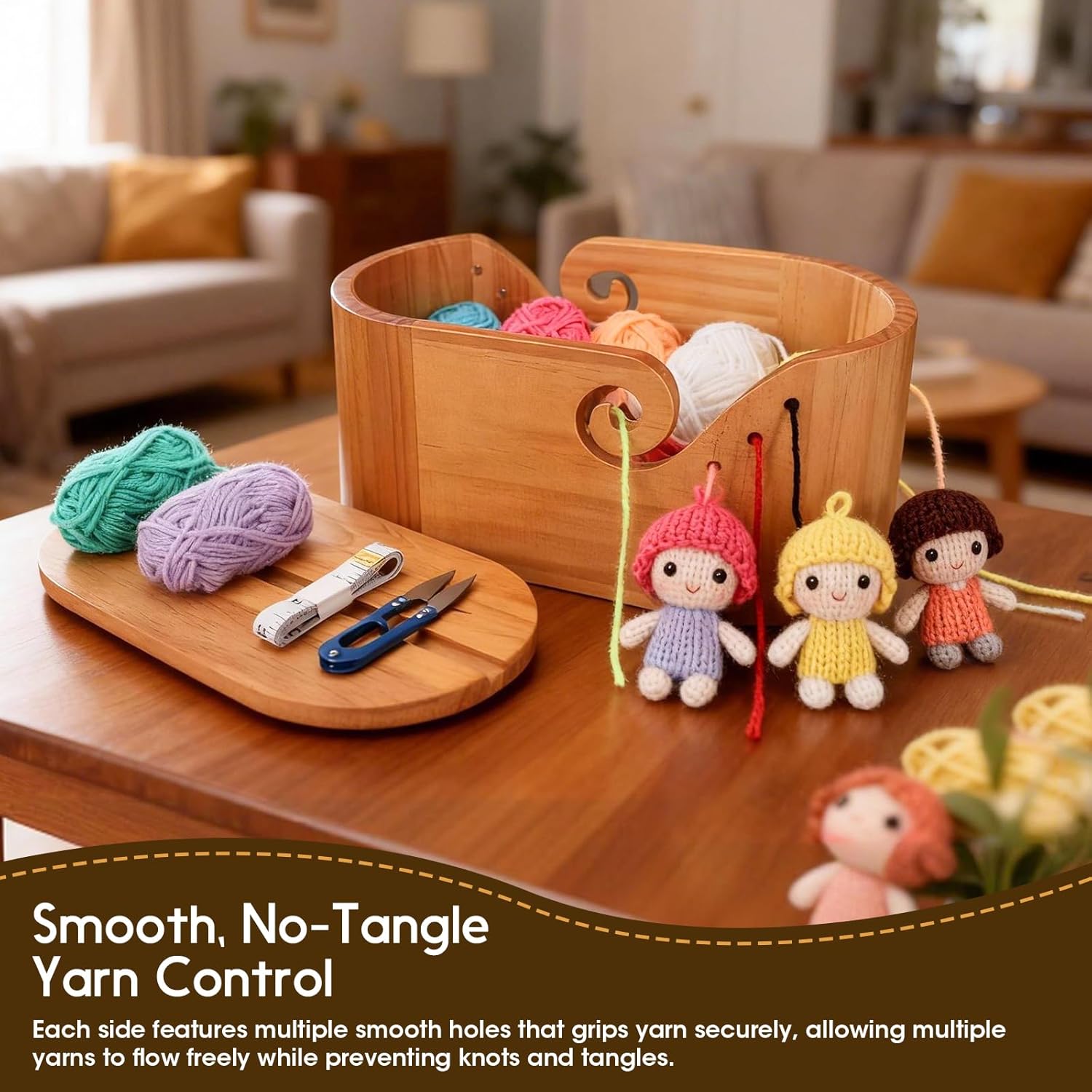 Large Wood Yarn Bowl with Lid, Crochet Yarn Holder with 7pcs Knitting Hooks, No-Tangle Design, Yarn Storage Crochet