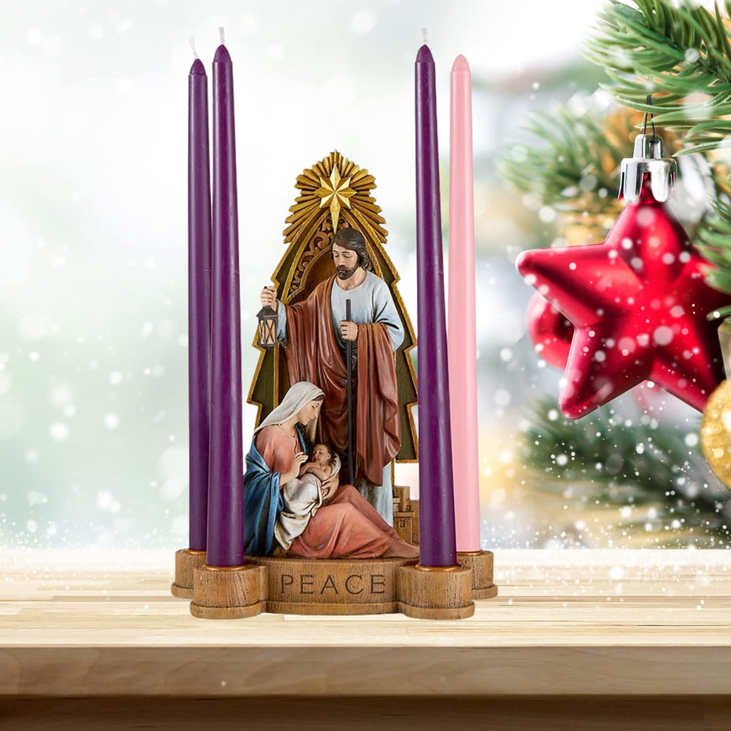 Good News Holy Family Advent Candleholder with Engraved Scripture, Religious Christmas Figurine for Indoor, Christmas
