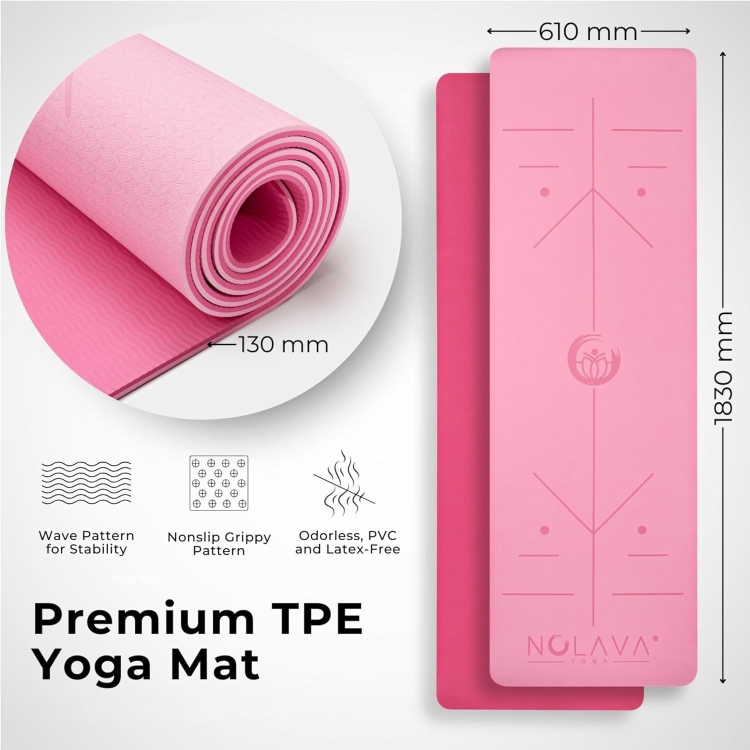 Nolava Yoga Mat with Bag – 72 x 24 inch, 1/4 inch Thick Non-Slip Mat – Includes Slap Band, Black Zippered Carry Tote