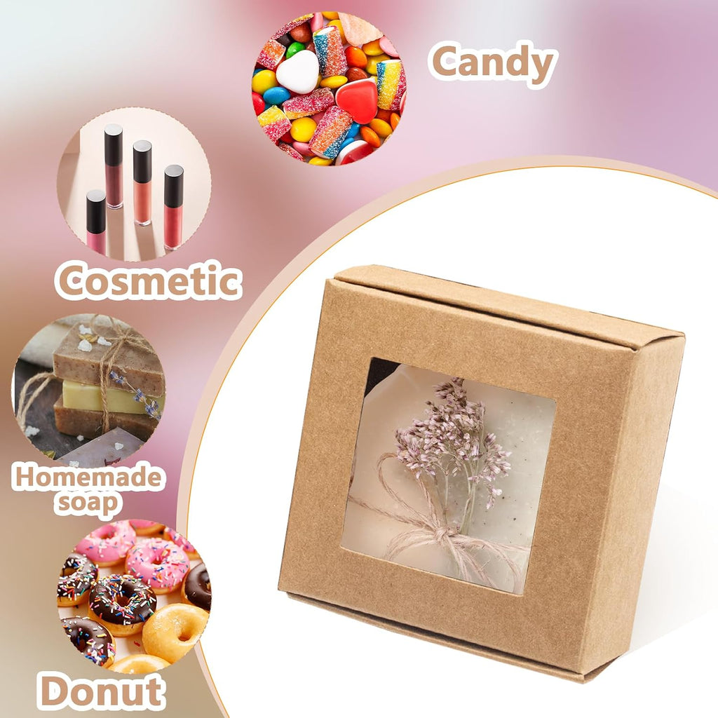 100 Pcs Soap Packaging Boxes with Window Mini Kraft Paper Boxes Bulk Treat Favor Boxes Rectangle Gift Soap Boxes for