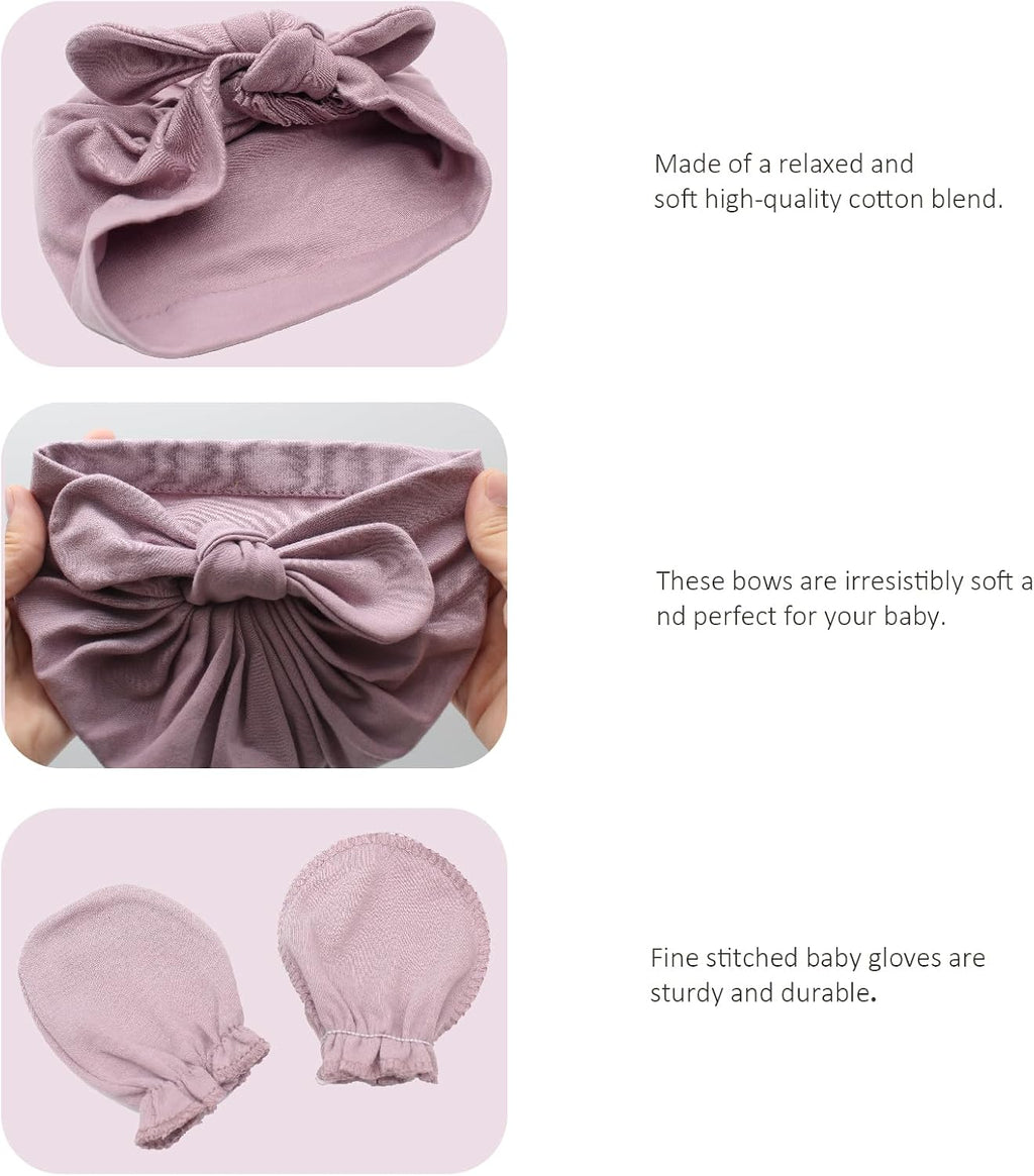 4PCS Newborn Baby Hospital Hats Beanie Bow Infant Caps Cotton Preemie Hats No Scratch Mittens Set for 0-1 Years Old