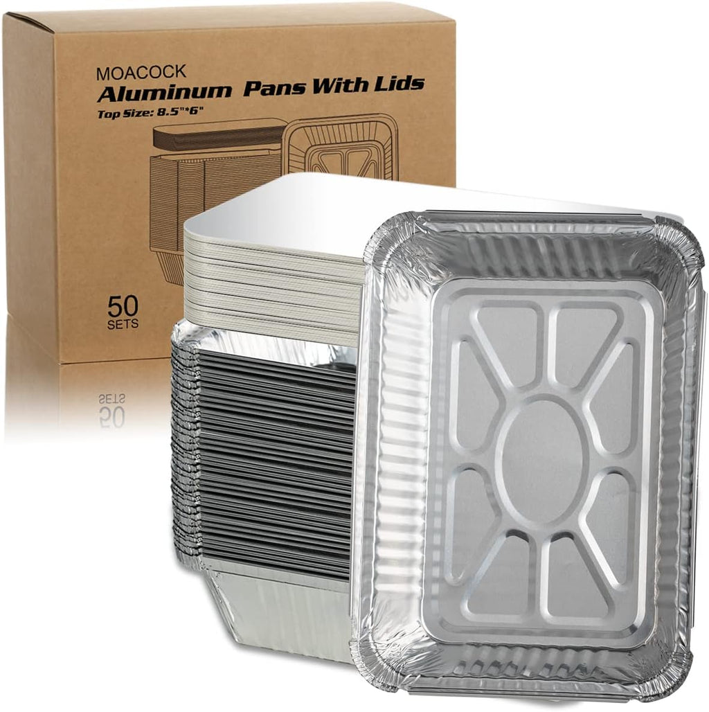 50 Pack Aluminum Pans with Lids(8.5"×6") - 2.25lb