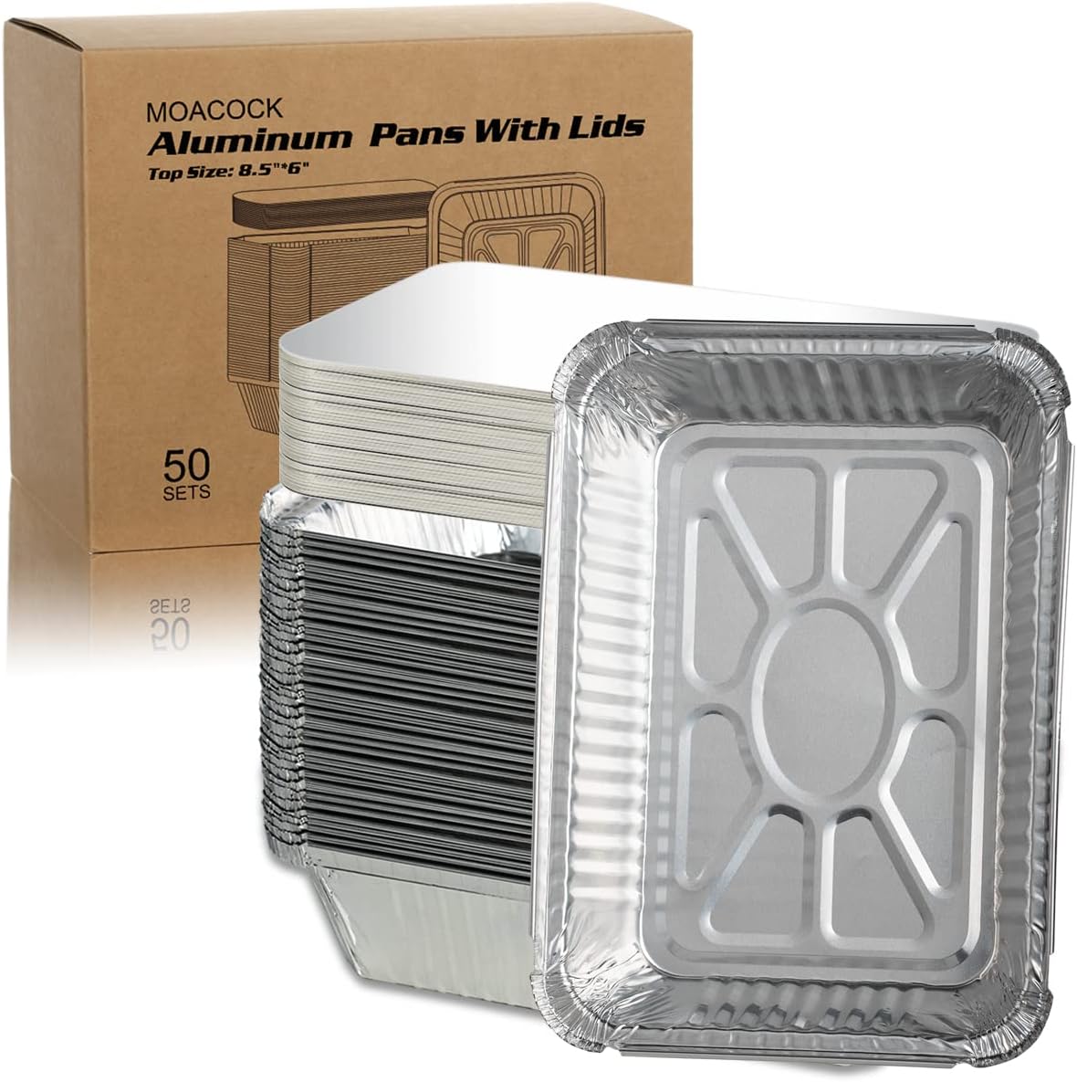 50 Pack Aluminum Pans with Lids(8.5"×6") - 2.25lb